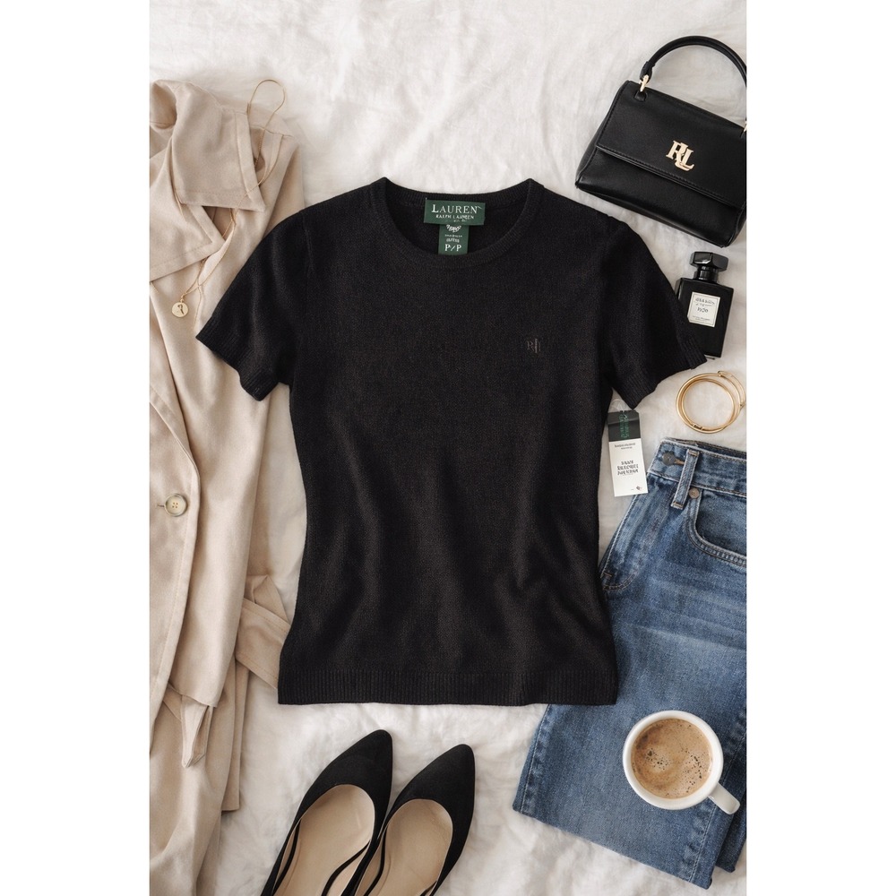 Lauren Ralph‎ Lauren Black Merino Cashmere Angora Knit Tee Women's Petite P NWT